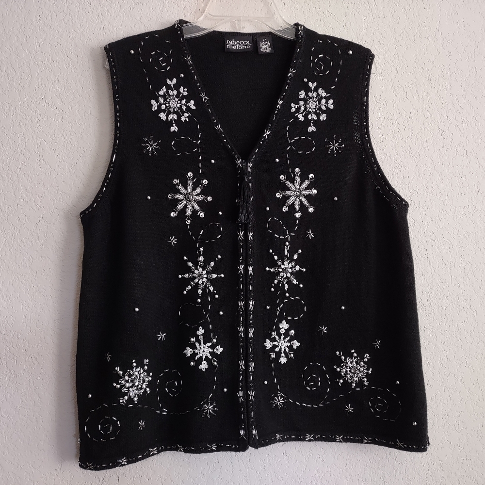 REBECCA MALONE Size 2X Ramie Cotton Black/Silver Embroidered Zip Christmas Vest